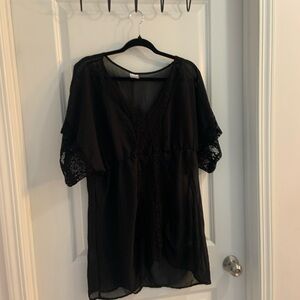 Xhilaration Black 3/4 Sleeve Ruffled Swim Coverup